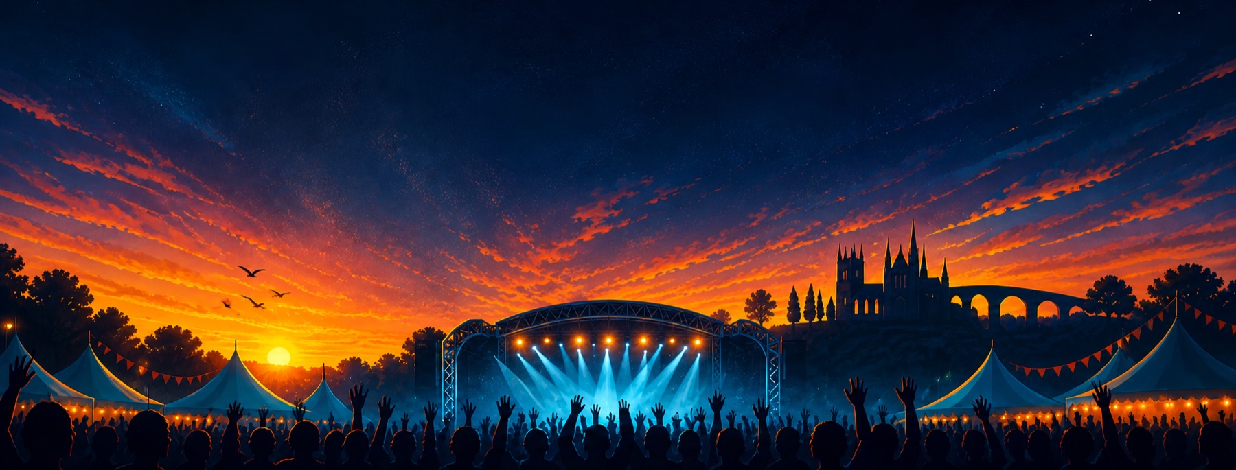 Festival sunset, tents and cheering crowd